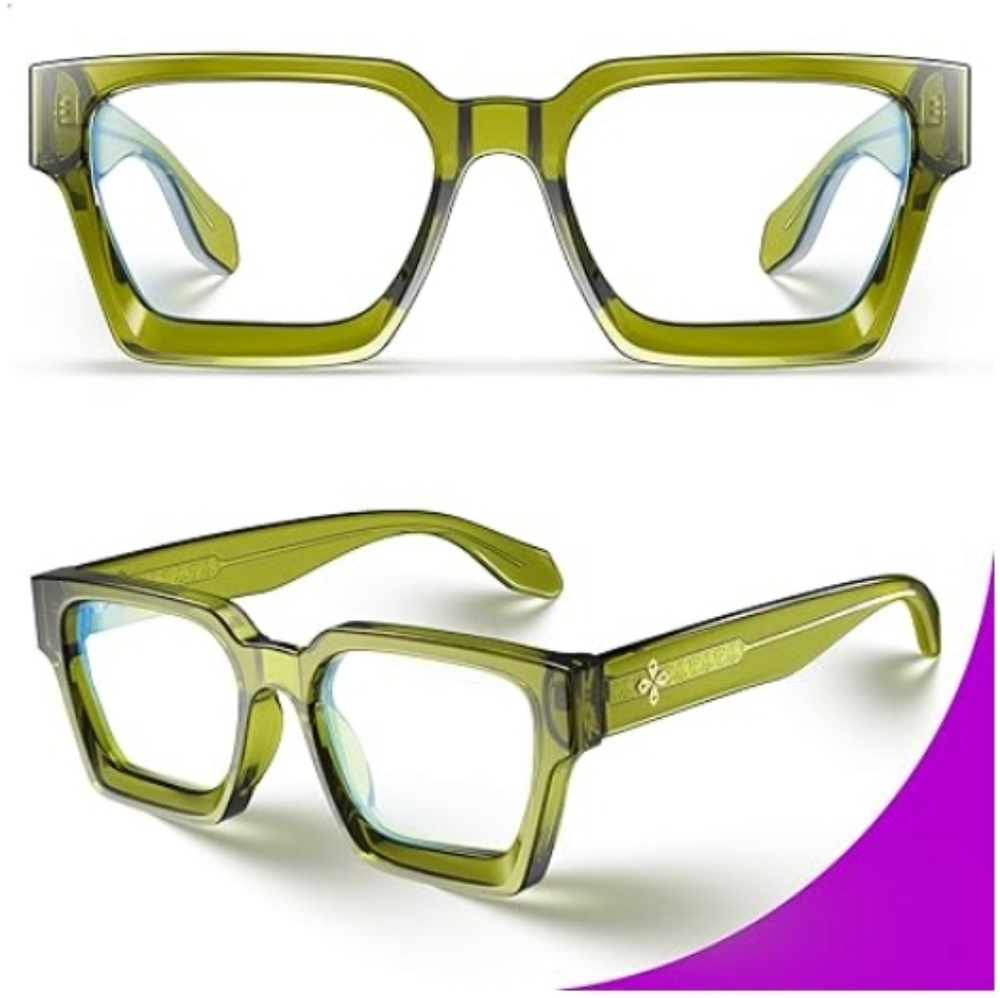 Blue Light Blocking Glasses Rectangle Chic Preppy Look Olive Green Frame